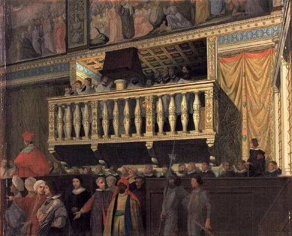 Boy choristers singing in a grand ornate hall