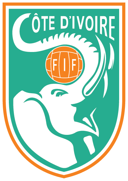 The Ivory Coast national football team in orange jerseys celebrating on the pitch