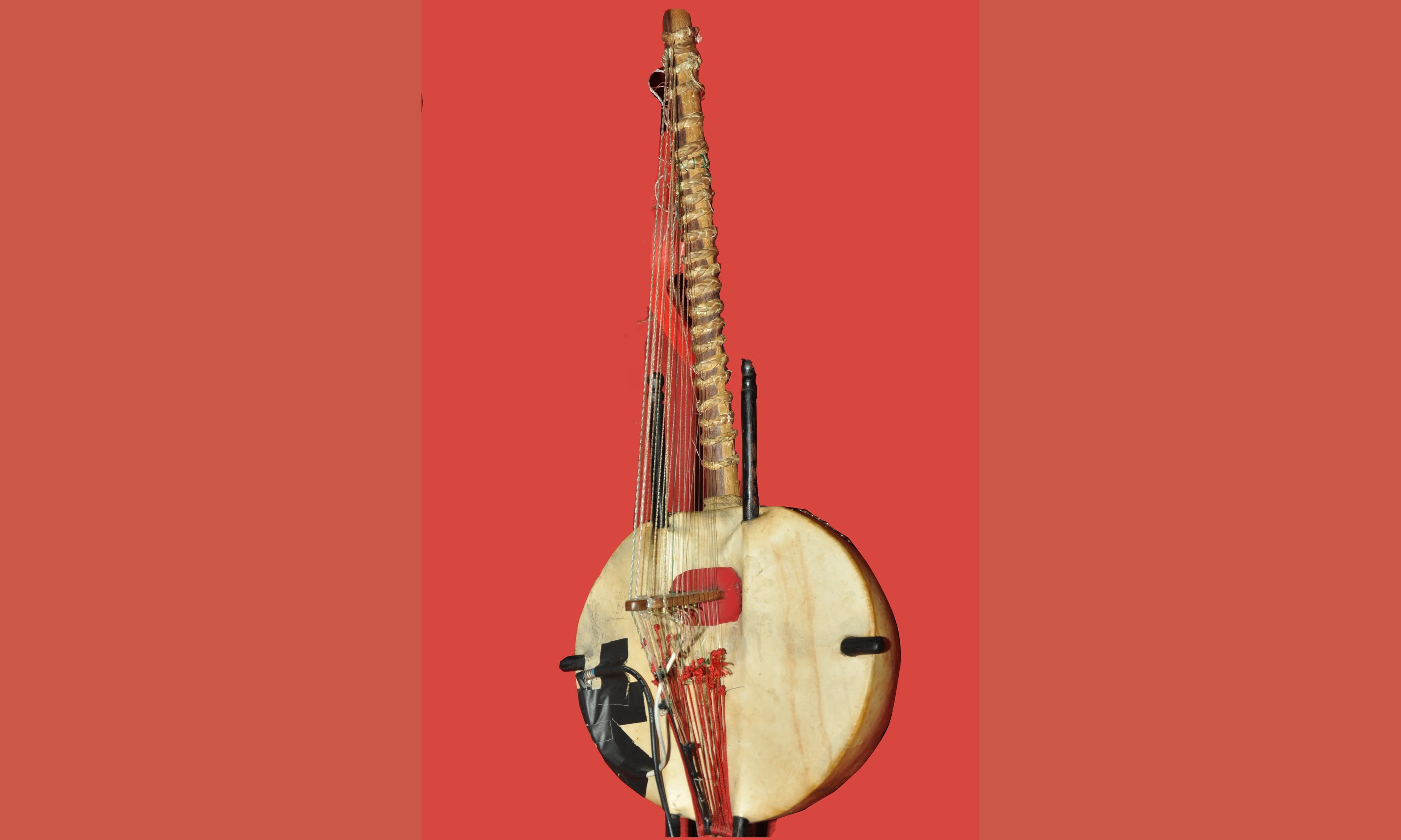A Malian musician playing the kora, a large gourd harp, in soft evening light