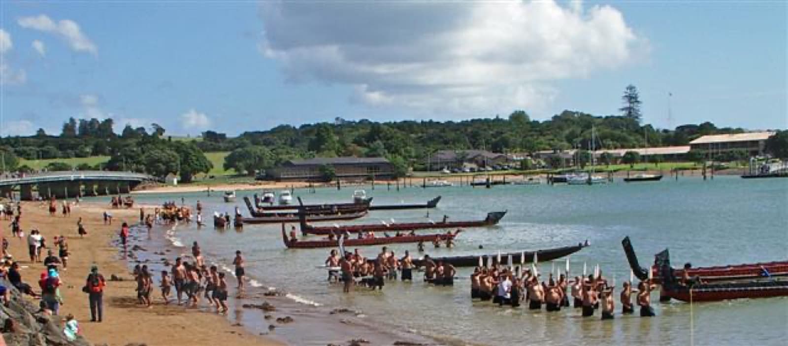 People and traditional M膩ori canoes (waka) on the beach at Waitangi during the national day celebrations
